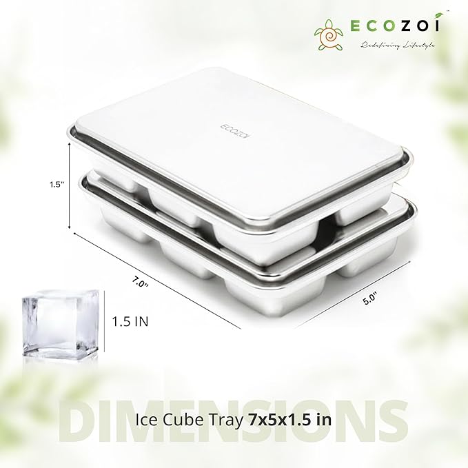 ecozoi Stainless Steel Ice Cube Trays, 2 Pack with 12 Ice Cube Slots - Easy Release, Plastic-Free, Zero Waste