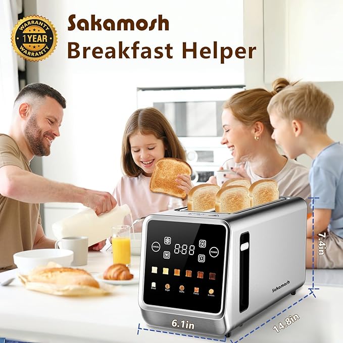 SAKAMOSH Smart Toaster 4 Slice, Touch Screen, Digital Toasters with 6 Browning Levels & 5 Bread Types, Bagel, Extra Long Wide Slots, Memory Function, Timer, 1400W, Stainless Steel