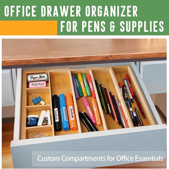 Bamboo Expandable Drawer Organizer with Removable Dividers, 15"-22" Adjustable Tray for Kitchen Utensils, Makeup & Office Storage