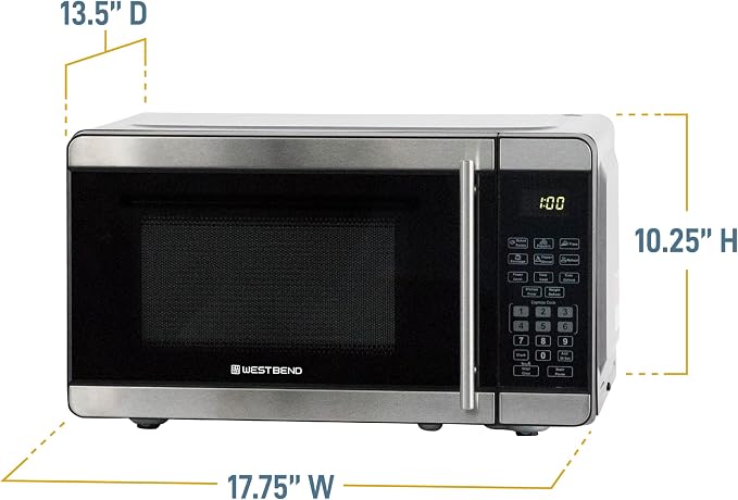 West Bend Microwave Oven 700-Watts Countertop Footprint with 6 Pre Cooking Settings, Speed Defrost, Electronic Control Panel and Glass Turntable Perfect for Small Spaces, 0.7-Cu.Ft., Stainless Steel