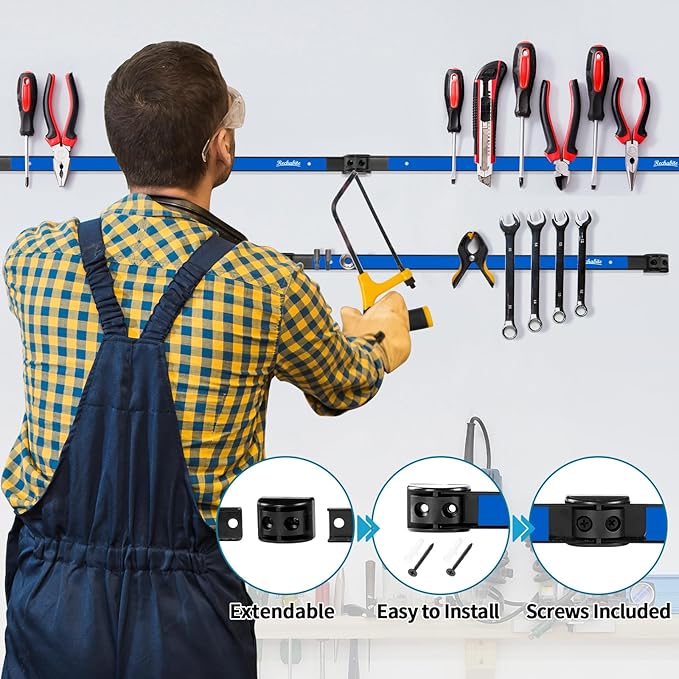 6 Pieces 18" Magnetic Tool Holder Strip, Blue Magnet Bar, Metal Tool Organizer Rack for Garage Organization, Easy To Install in Workshop, Mounting Screws Included