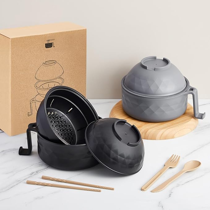 2 Sets Microwave Ramen Bowl 40 oz Wheat Fiber Portable Instant Noodle Cooker Bowl with Handles Strainer Spoon Chopstick Fork College Dorm Room Apartment Essentials(Gray,Black)