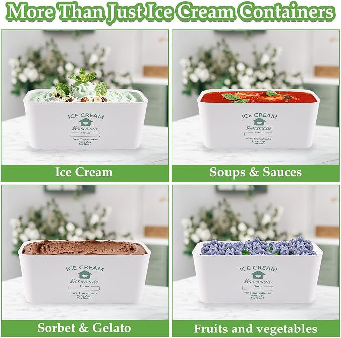 cyrico Ice Cream Containers for Homemade 2 Pack 2 Quart Each, Reusable Ice Cream Containers with Silicone Lids Sorbet Frozen Yogurt Storage Set BPA Free Stackable Leakproof Dishwasher Freezer Safe