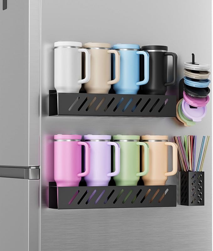 2-Pack Magnetic Stanley Cup Holder with Tumbler Lid & Straw Organizer for Full Stanley 30/40 oz Tumblers - Stores Bottle, Lid & Straw on Fridge/Iron - Removable