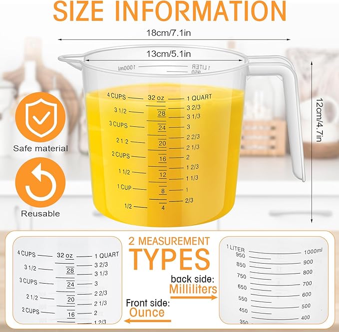 Kanayu 36 Pcs Plastic Measuring Cup Clear Measuring Mug with Spout and Handle Grip Capacity Clear Graduated Pitcher for Kitchen Flour Water Liquids(Black,32 oz, 4 Cups)