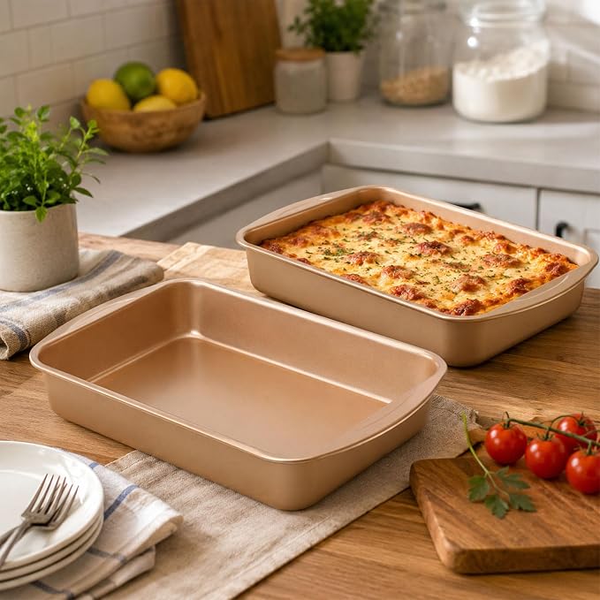 9x13 Nonstick Baking Pan 2 Pack – Heavy-Gauge Carbon Steel Cake Pan，Warp-Resistant & PFOA Free, Even Heating for Lasagna, Sheet Cake, Brownies & Meal Prep, Wide Handles Golden