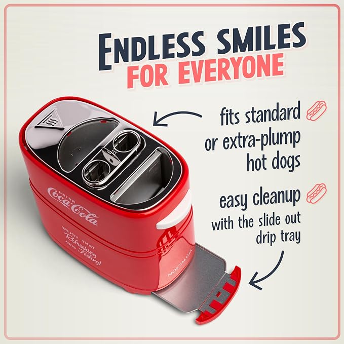 Nostalgia Coca-Cola Hot Dog Toaster - 2 Slot Bun Mini Tongs - Works with Chicken, Turkey, Veggie Links, Sausages and Brats - Coke Red