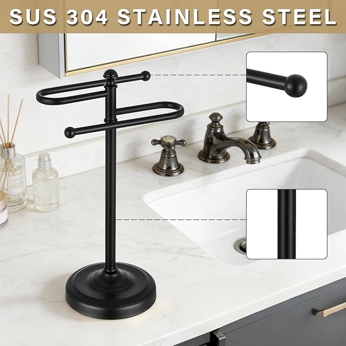 Hand Towel Stand,304 Stainless Steel Hand Towel Holder for Bathroom Kitchen Counter，14.5 Inch S-Shape Weighted Base Standing Hand Towel Rack Bar Holds 2 Towels (Black)