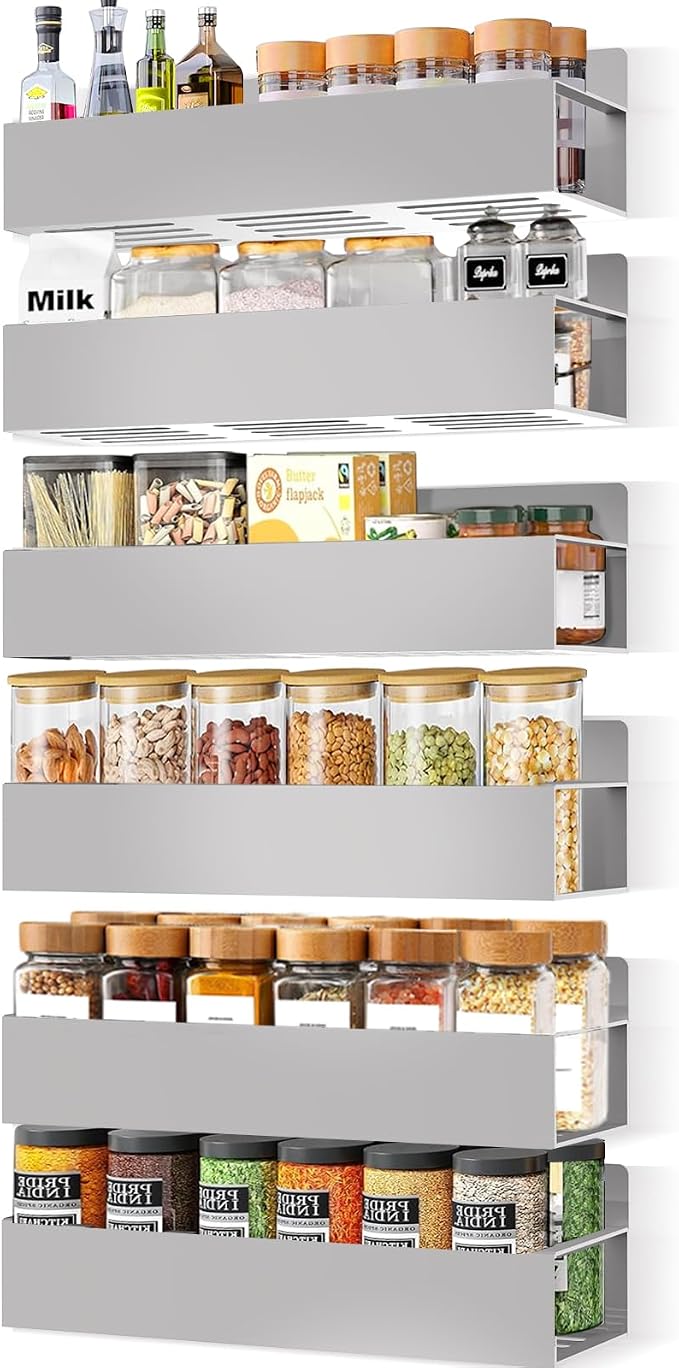 SMRCAD Magnetic Spice Rack Organizer for Fridge Seasoning Organizer for Kitchen storage with Screw Magnetic Shelf with Hook for Refrigerator and Oven (6pack-Grey)