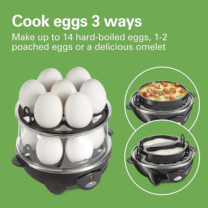 Hamilton Beach 3-in-1 Electric Egg Cooker for Hard Boiled Eggs, Poacher, Omelet Maker & Vegetable Steamer, Holds 14, Black (25508)