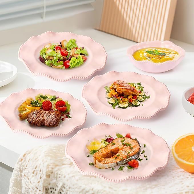 Pink Melamine Dinnerware Sets for 4,Scalloped Plates and Bowls Set with Beaded Edge, BPA Free Dishwasher Safe, Heavy Duty Shatterproof Unbreakable Tableware for Wedding Party Camping Outdoor