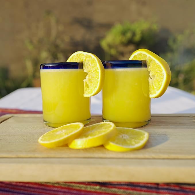 Cobalt Blue Rim Hand Blown Tumbler Glasses Set of 6 | 10 oz Mexican Glassware | Recycled Glass | Hand blown Mexican Drinking Glasses for Cocktails, Wine & Tequila