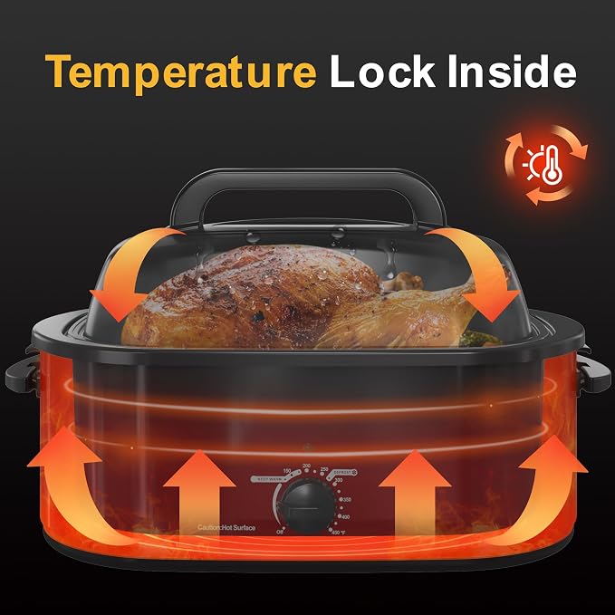 22 Quart Electric Roaster Oven with Visible & Self-Basting Lid, Large Turkey Roaster with Defrost Warm Function, Adjustable Temperature, Removable Pan Rack, Stainless Steel