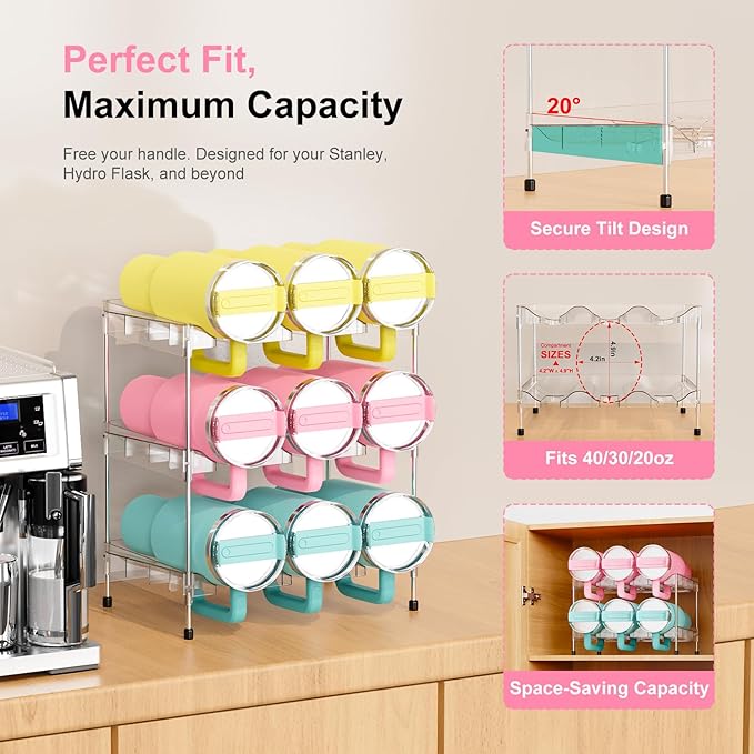 Reusable Stackable with Handle Compartment Water Bottle Tumbler Organizer for Stanley 40oz with Handle Cup, Stanley Accessories for Pantry, Cabinet & Kitchen Organization and Storage,3 Tier Hold 9