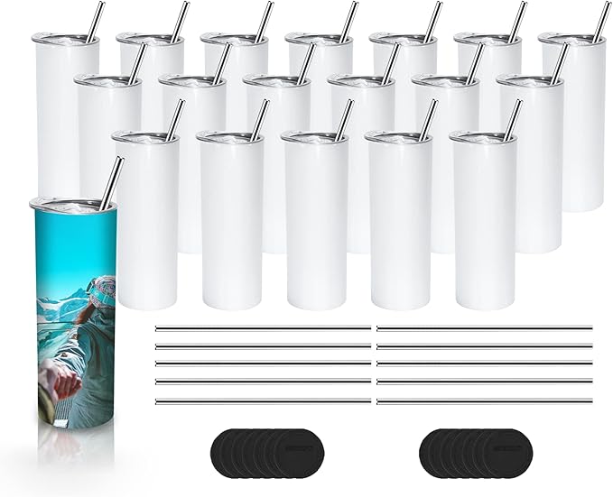 AGH 25 Pack 20 OZ Sublimation Tumblers Blank, Straight Skinny Tumbler with Metal Straw, Stainless Steel Double Layer Insulated Mug, Individually Box, Travel Tumblers