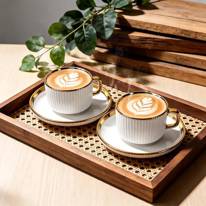 ALIMOTA 3oz White Gold Ceramic Coffee Mug Set of 6, Latte Mugs with Saucers, White Latte Cups and Espresso Mug for Specialty Coffee Drinks, Latte, Cafe Mocha, Tea