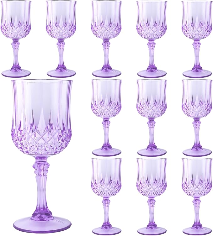 Plastic Wine Glasses, Plastic Goblets Vintage Style Cordial Unbreakable Drinking Glasses, Reusable Drinkware for Wedding Reception, Grand Event Party Supplies (12, Purple)