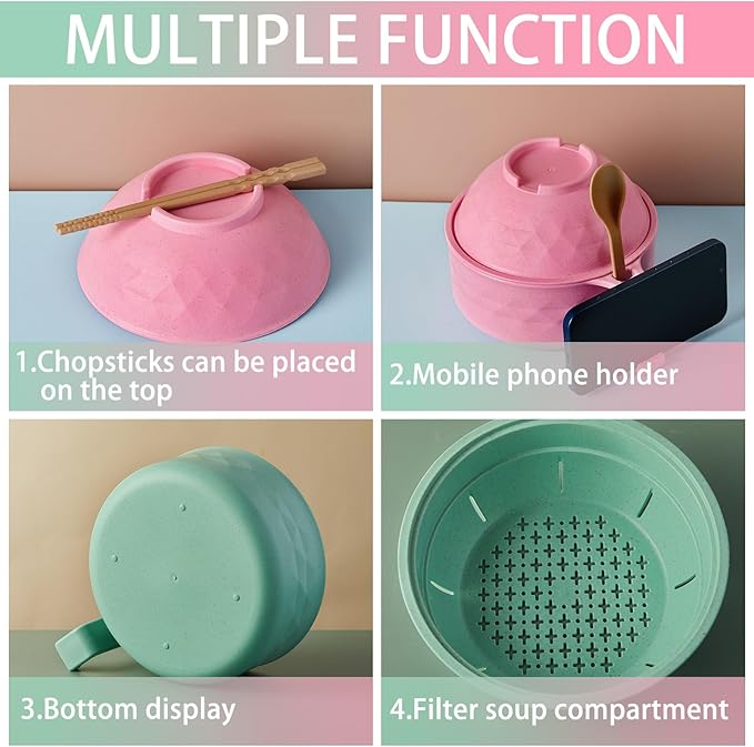 2 Sets Microwave Ramen Bowl 40 oz Wheat Fiber Portable Instant Noodle Cooker Bowl with Handles Strainer Spoon Chopstick Fork College Dorm Room Apartment Essentials(Pink, Light Green)