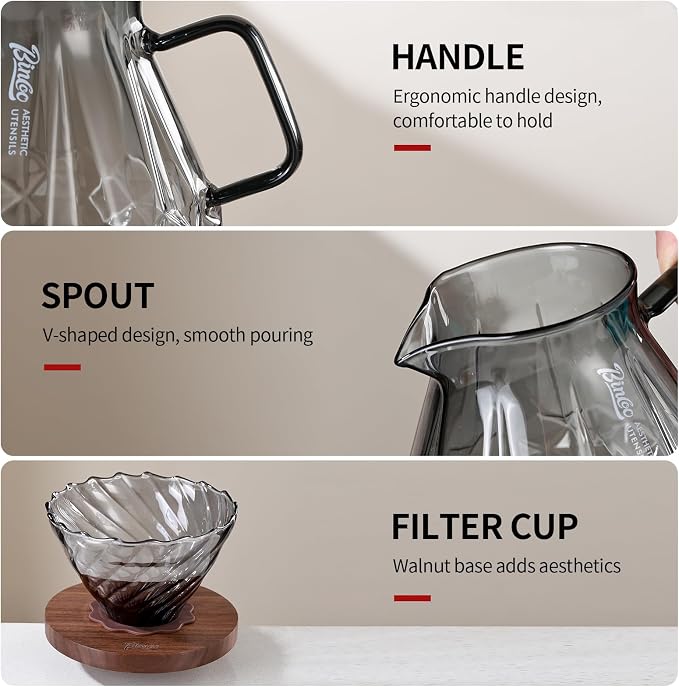 Bincoo Pour Over Coffee Maker&Dripper, Style Cone Filter + 600ml Glass Coffee Server, Manual Coffee Brewer Set, Reusable Coffee Filter Holder, Great Gift for Coffee Enthusiasts（Grey