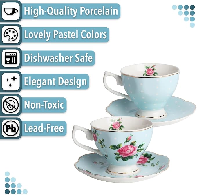 BTaT- Floral Tea Cups and Saucers, Set of 2, 8 oz, Fine Porcelain Teacup Set with Gold Trim for Afternoon Tea, Weddings, Parties & Gifting, Dishwasher Safe, Lightweight, Non-Toxic