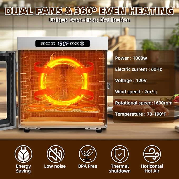 Food-Dehydrator Machine 9 Stainless Steel Trays, 1000W Fruit Dehydrator,7.7ft² Meat Dryer for Jerky,190ºF Temperature Control,24H Timer Dryer Machine for Herbs,Beef