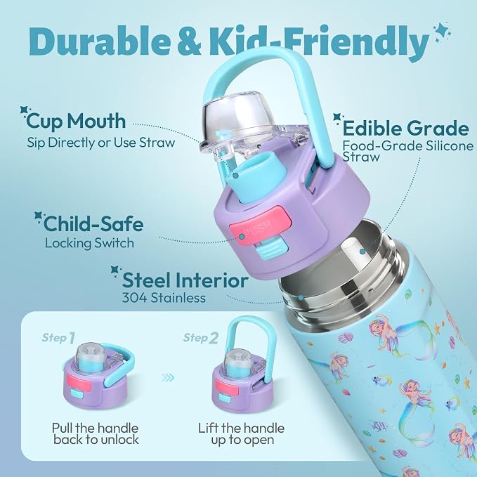 Itslife Bento Box for Kids Set, insulated food container,kids lunch box, 7 oz thermos for hot food, 12 oz thermos water bottle, Reusable Insulated Ice Bag & Fork Spoon Utensils Camping Travel Purple