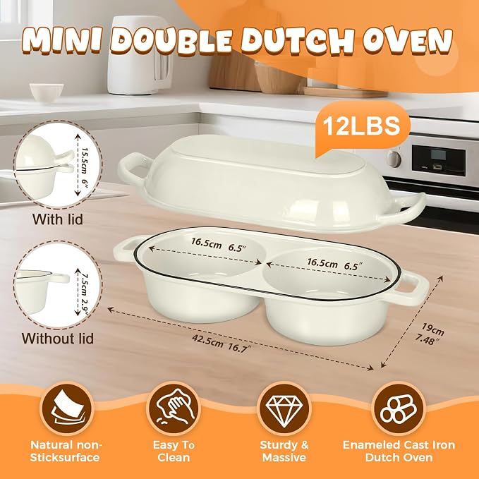 Double Dutch Oven for Sourdough Bread Baking, 2.2QT (White) | Enamelled Cast Iron Bread Pan with Lid, Double Round Loaf Space, 16.5cm Diameter, Mini Double Dutch Oven for Homemade Baking