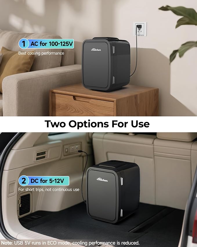 BEICHEN Mini Fridge, 4 Liter/6 Can Portable Refrigerator for Bedroom Office Dorm Car– Fast Cooling, Low Noise, 100-125V AC/5-12V USB Small Compact Refrigerator for Skincare, Food, Drinks(Black)