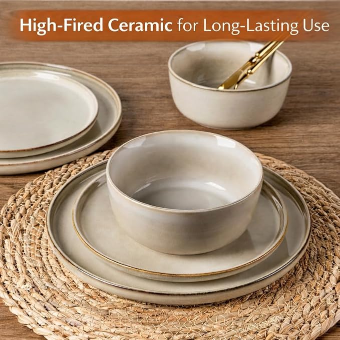 AmorArc Stoneware Dinnerware Sets,Round Reactive Glaze Plates and Bowls Set,Highly Scratch Resistant | Dishwasher & Microwave Safe Dishes Set,Service for 4 (12pc)