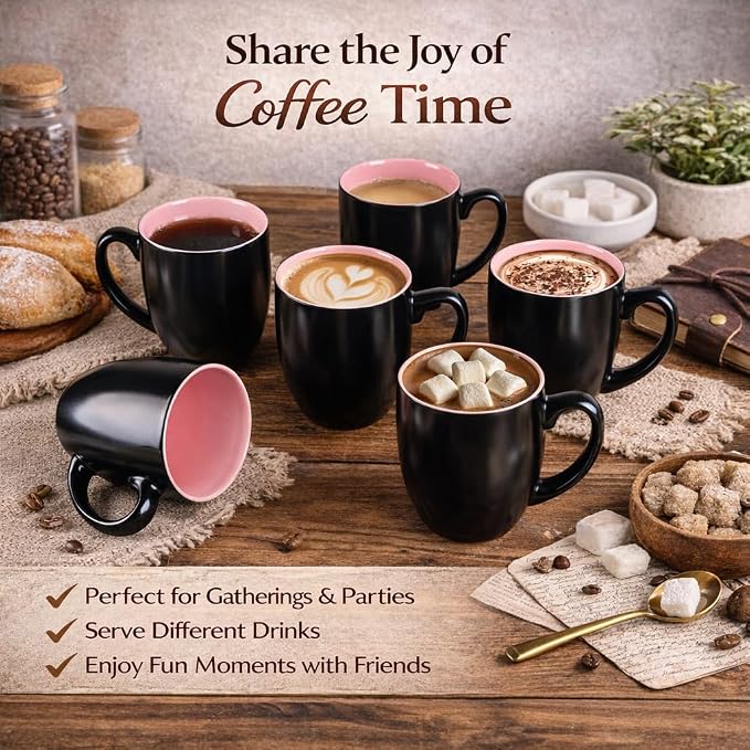 GBhome 16oz Coffee Mugs Set of 6, Large Ceramic Coffee Mugs for Man, Woman, Dad, Mom, Modern Coffee Mugs Set with handle for Tea/Latte/Cappuccino/Milk/Cocoa. Dishwasher&Microwave Safe,Pink