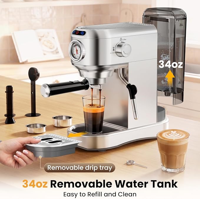 Espresso Machine 20 Bar, Compact Espresso Coffee Machine with Milk Frother, Stainless Steel Coffee Maker with 34oz Removable Water Tank, Cappuccino Machine for Home, Office, Latte (Silver)
