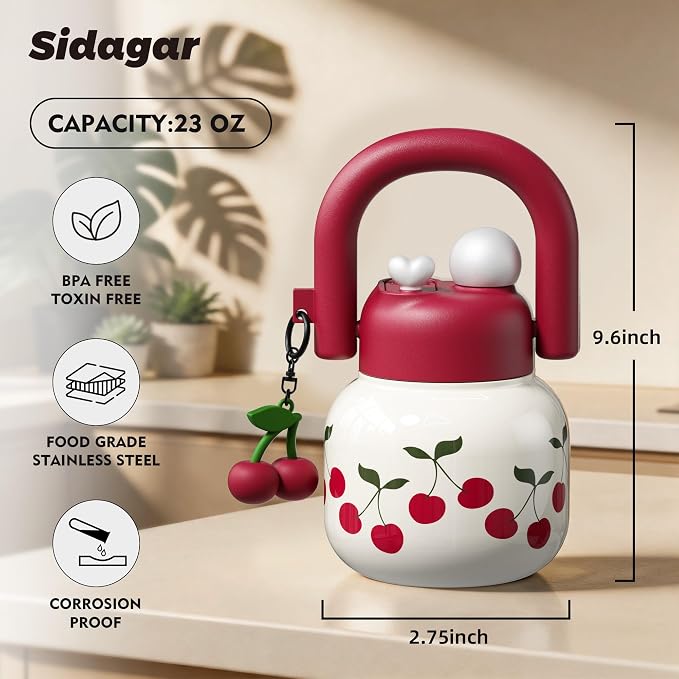 22 oz Tote Water Bottle with Straw and Carry Handle, Wide Mouth Vacuum Insulated Stainless Steel Tumbler, Travel Water Jug for Women Easy Carry, Cherry