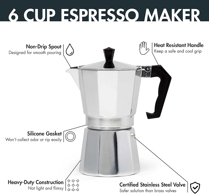 Primula Stovetop Espresso Maker and Handheld Electric Milk Frother Gift Set, Moka Pot for Classic Italian and Cuban Coffee, Cafetera, 6 Espresso Cups, Silver