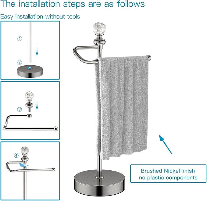 ROLABAM Heavy Weighted Hand Towel Holder (with Crystal Ball) Hand Towel Holder Stand Total Height 16.54'' for Kitchen, Bathroom and Countertops, Classic Metal Fingertip Towel Holder, Brushed Nickel