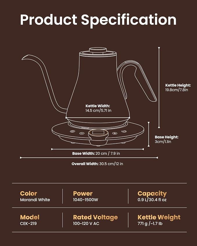 INTASTING Gooseneck Electric Kettle, ±1℉ Temperature Control, Stainless Steel Inner, Quick Heating, for Pour Over Coffee, Brew Tea, Boil Hot Water, 1500W/0.9L (Morandi White)