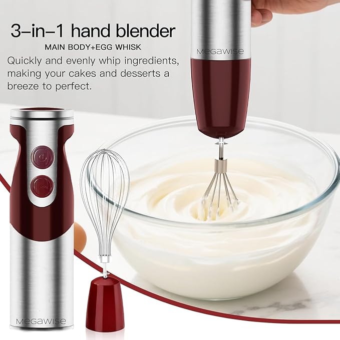 Megawise 3-in-1 Hand Blender – 12-Speed, Includes Powerful Blender Stick, Whisk, and Milk Frother – Easy to Clean and Perfect for Smoothies, and More (Red)