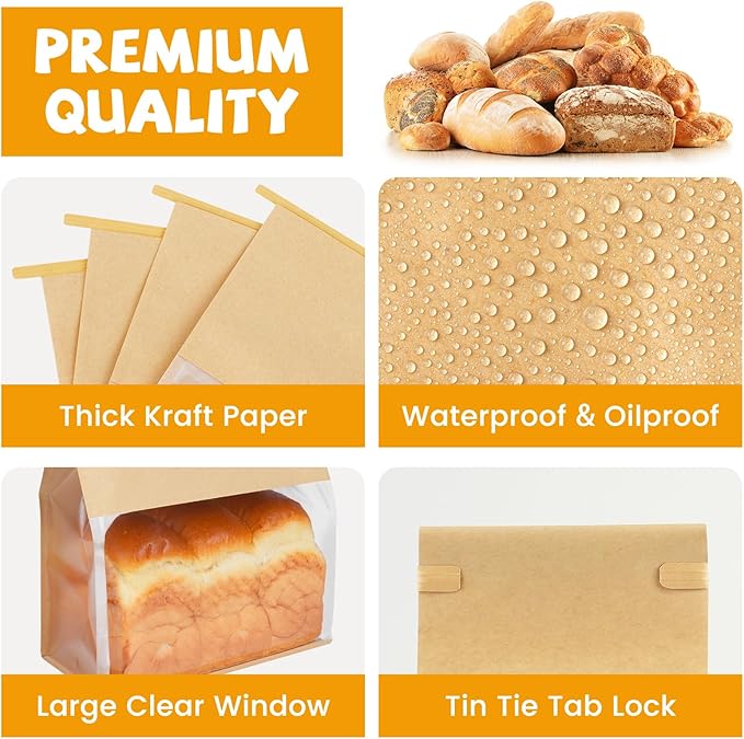 100 Pack Bread Bags with Tabs for Homemade Sourdough Bread, 8.7x4.3x11 Inches Tin Tie Tab Lock Large Paper Bakery Packaging Bags with Window for Gifting & Bake Sale | Thick Material, Grease Resistant, Self Standing