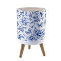 Trash Can with Lid Vintage floral Seamless Wild Roses butterflies Blue white Toile de Press Top Round Small Garbage Bin with Wooden Legs Waste Basket for Kitchen Bedroom Nursery 7L/1.8 Gallon