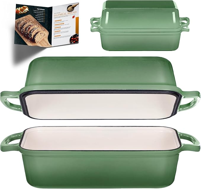 11x5 Inch Cast Iron Bread Pan with Lid, Large Loaf Pans for Sourdough Bread Baking, Even Heat Distribution Dutch Oven Loaf Pan for Homemade Bread, Meatloaf (5.8Qt, Pistachio)