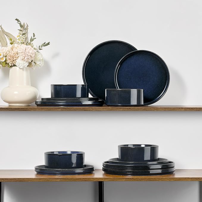 E-far 24-Piece Stoneware Dinnerware Sets, Plates and Bowls Sets for 8, Kitchen Dinning Porcelain Ribbed Dishes Set, Chip & Scratch Resistant, Dishwasher & Microwave Safe, Midnight Blue