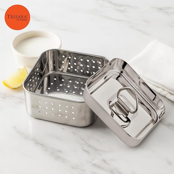 Trisara Stainless Steel Square Paneer Maker/Mould with Lid | 11.5x11.5 cm |Size 2 |Curd/Cheese/Tofu Maker | Strainer for Paneer/Tofu | Homemade Paneer Press/Machine