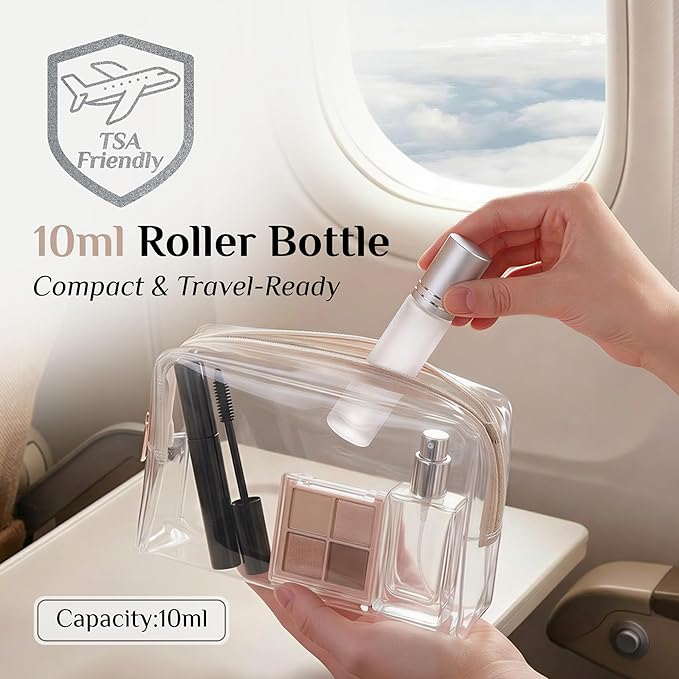 PrettyCare 24 Pack, 10 ml Essential Oil Roller Bottles with Stainless Steel Roller Ball - Refillable Leak-proof Empty Thick Frosted Glass Roll on Bottles with Silver Caps for Travel, Perfume