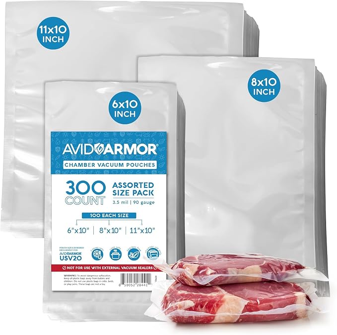 Avid Armor – Chamber Machine Pouches 3.5mil, Pre-Cut Chamber Vacuum Sealer Bags, Heavy Duty Seal Pouch, BPA-Free Chamber Sealer, Assorted Size Pack, 6"x10", 8"x10", 11"x10" - Pack of 300