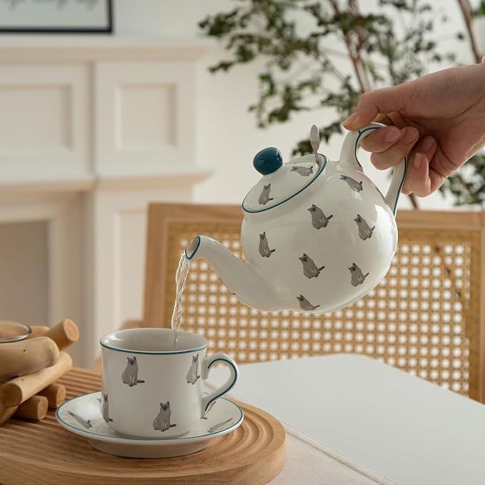 London Pottery Porcelain Coffee Cup with Saucer 220ml/7.4oz, British Teacup Set for Latte, Cappuccino, Espresso, Tea Party Wedding Birthday Housewarming Gift (Cat，Cup and Saucer, 220ml)