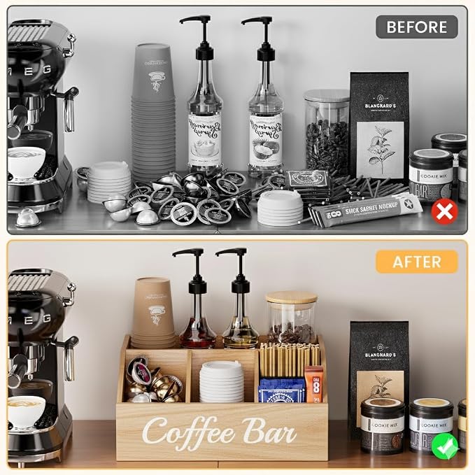 Coffee Station Organizer for Countertop – Wooden Coffee Bar Organizer with Adjustable Dividers,Holds K Cup Pod & syrup bottles, for Kitchen, Office, or Bar and Tea Station, Wood Color