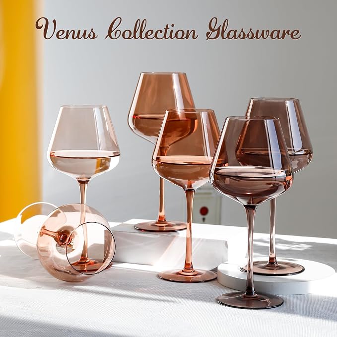 Physkoa Venus Wine Glasses Set of 6-18oz Hand Blown Amber Wine Glass with Stem, Unique Melanin Colored Wine Glasses, Mocha Mousse-Inspired Colors Glassware for Home Decor & Gifts