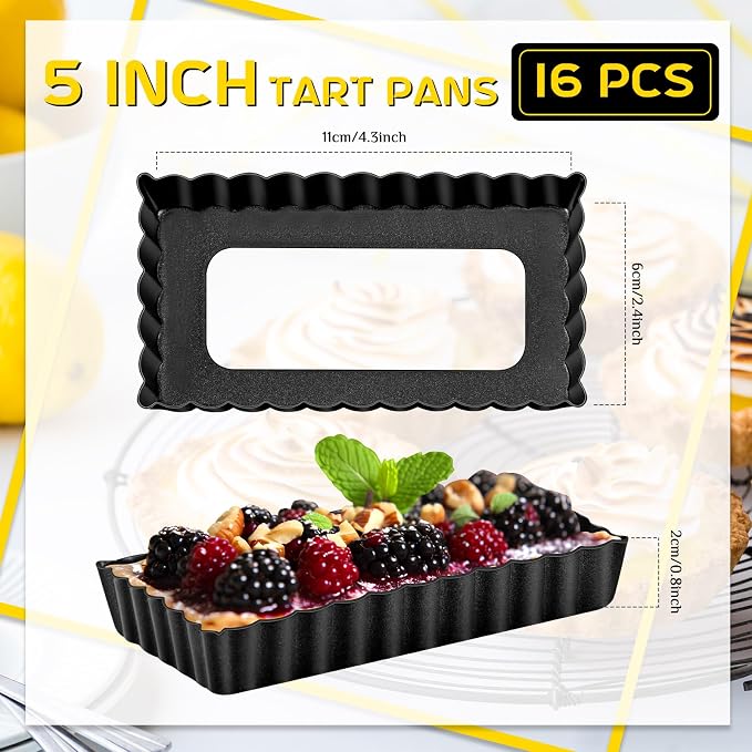 Tessco for You 16 Pcs Mini Tart Pans for Baking, 4.3 x 2.4 Inch Quiche Pans with Removable Bottom, Nonstick Egg Tart Molds Fluted Side Bakeware for Pie Fruit Tarts Cheesecake Dessert (Black Rectangle)