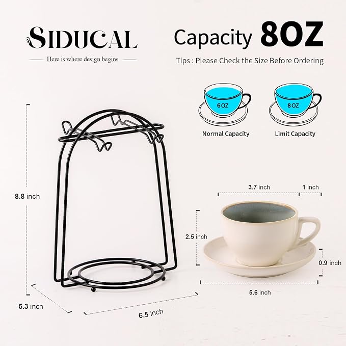 SIDUCAL Stackable Cappuccino Cup Set of 4 [8oz] Ceramic Coffee Cups with Saucers and Cup Holder,Microwave/Dishwasher Safe,Espresso Demitasse Cups(Green)