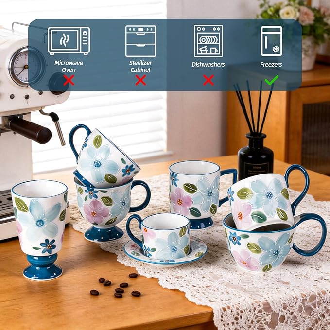 KAMMAK Tea Cups and Saucers Set of 2, Porcelain Coffee Cups, 8.5-Ounce Stackable Espresso Mugs, Ceramic Demitasse for Coffee, Latte, Americano, GX19