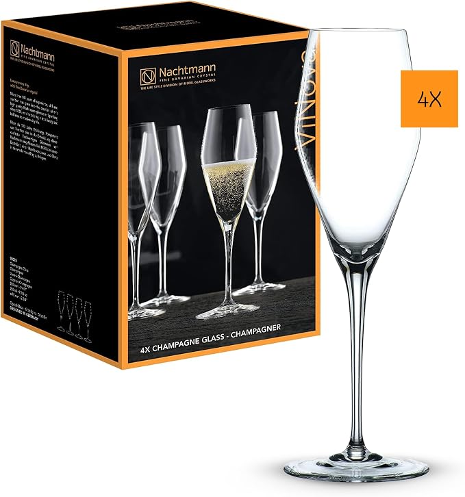 Nachtmann ViNOVA Champagne – Set of 4 Lead-Free 9.5 oz Diamond-Shaped Crystal Stemware with Point Design, Sophisticated Drinkware for Prosecco, Sparkling Wine, Weddings, Elegant Dining